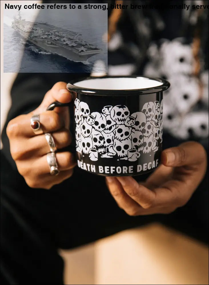 Black stainless steel camping mug with skull pattern, perfect decaf enamel mug option