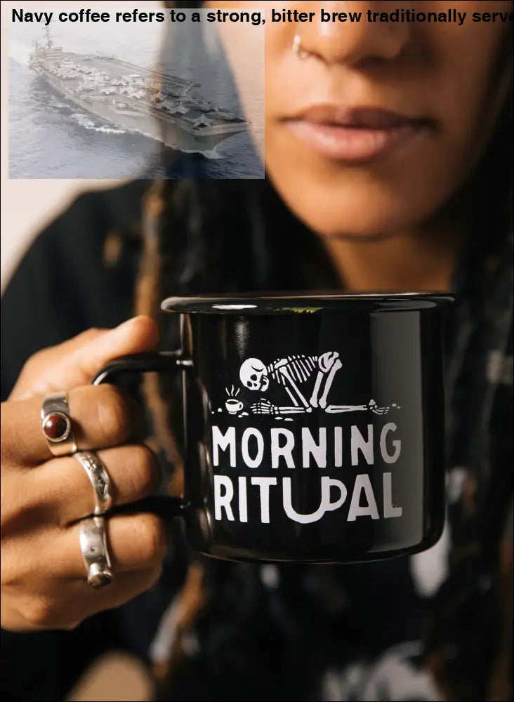Glossy black enamel mug with skeleton design, perfect for your morning ritual