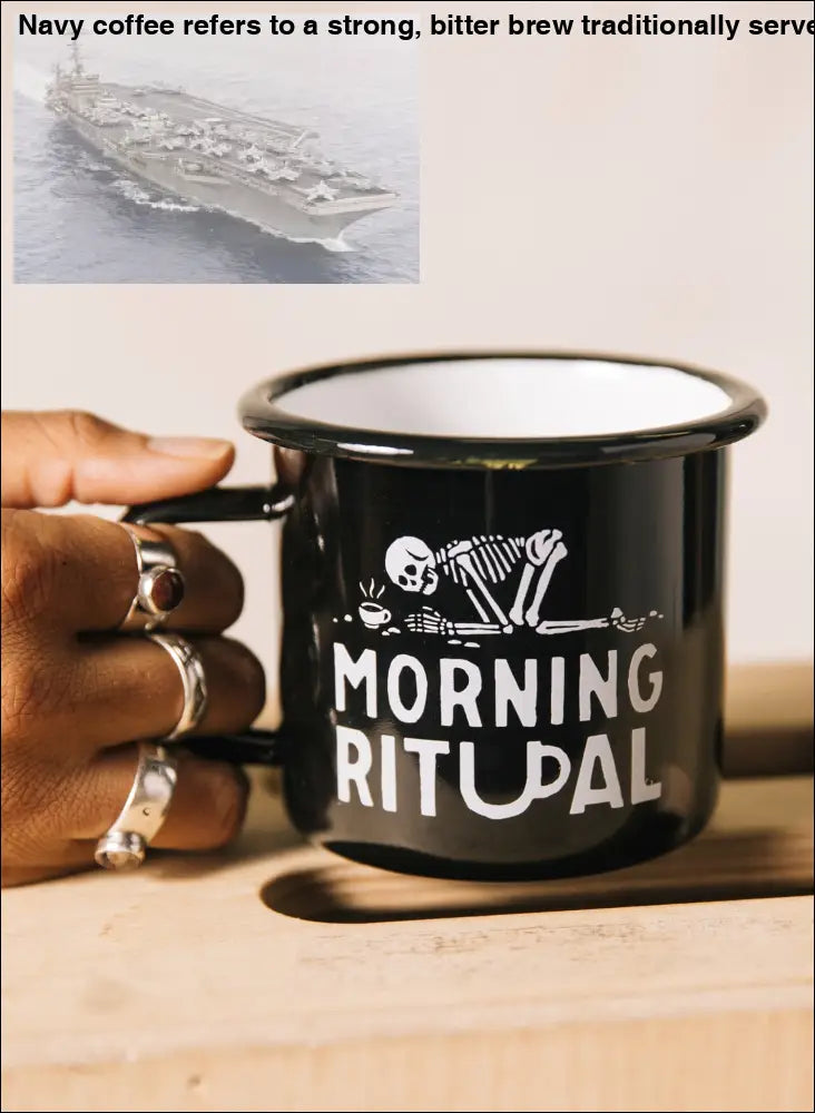 Glossy black enamel mug with skeleton design for your morning ritual
