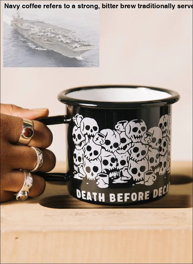 Skull-themed sturdy camping mug made of stainless steel, perfect for decaf enamel mug lovers