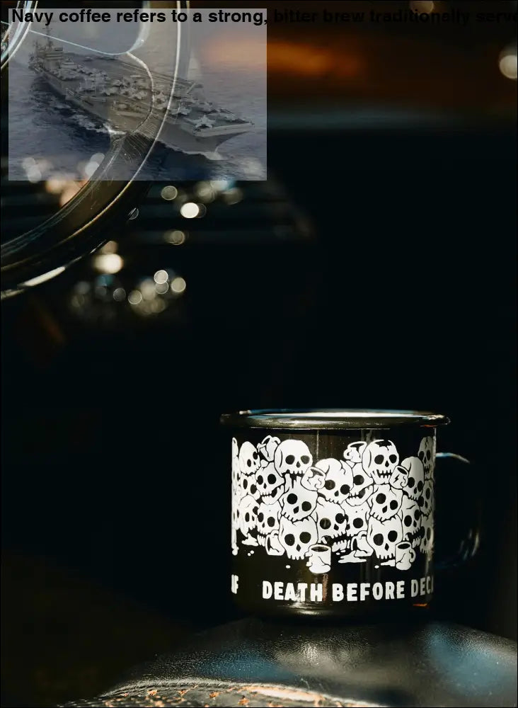 Black stainless steel coffee mug with white skull pattern, perfect sturdy camping mug