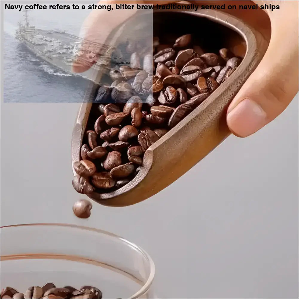 Walnut wood coffee scoop with espresso dosing cup and coffee beans in wooden scoop