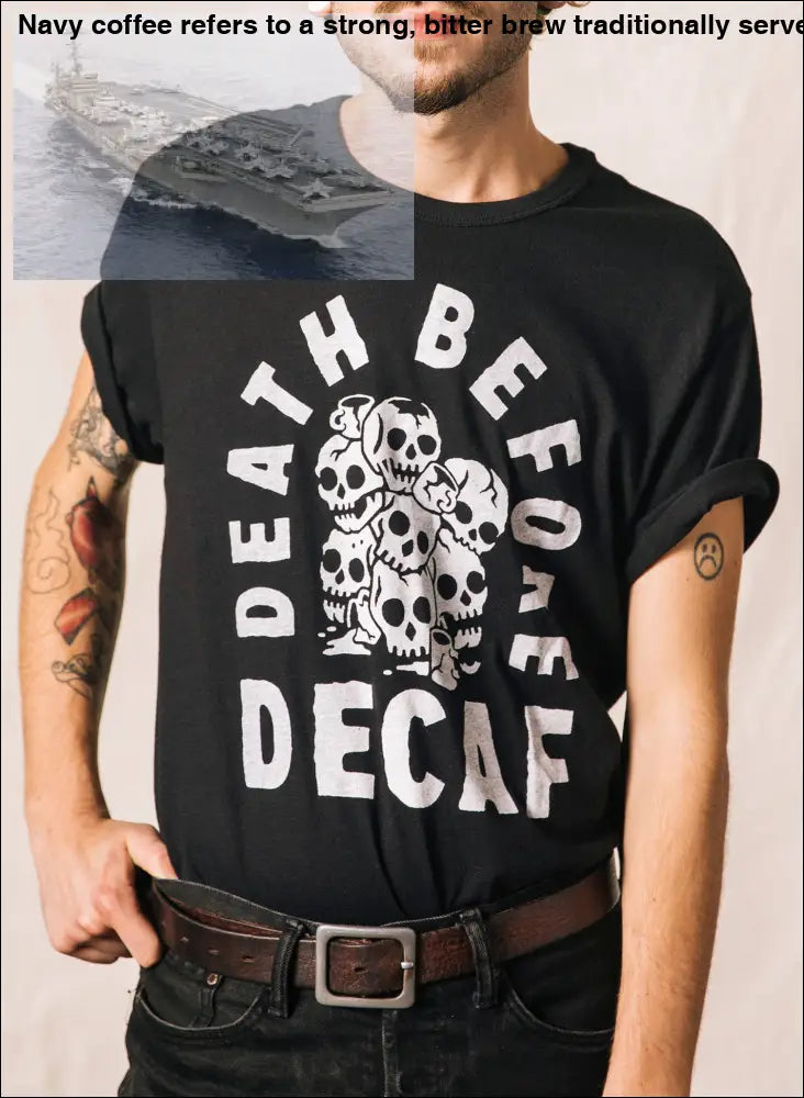 Black cotton blend T-shirt with coffee bean skull graphic for women death before decaf