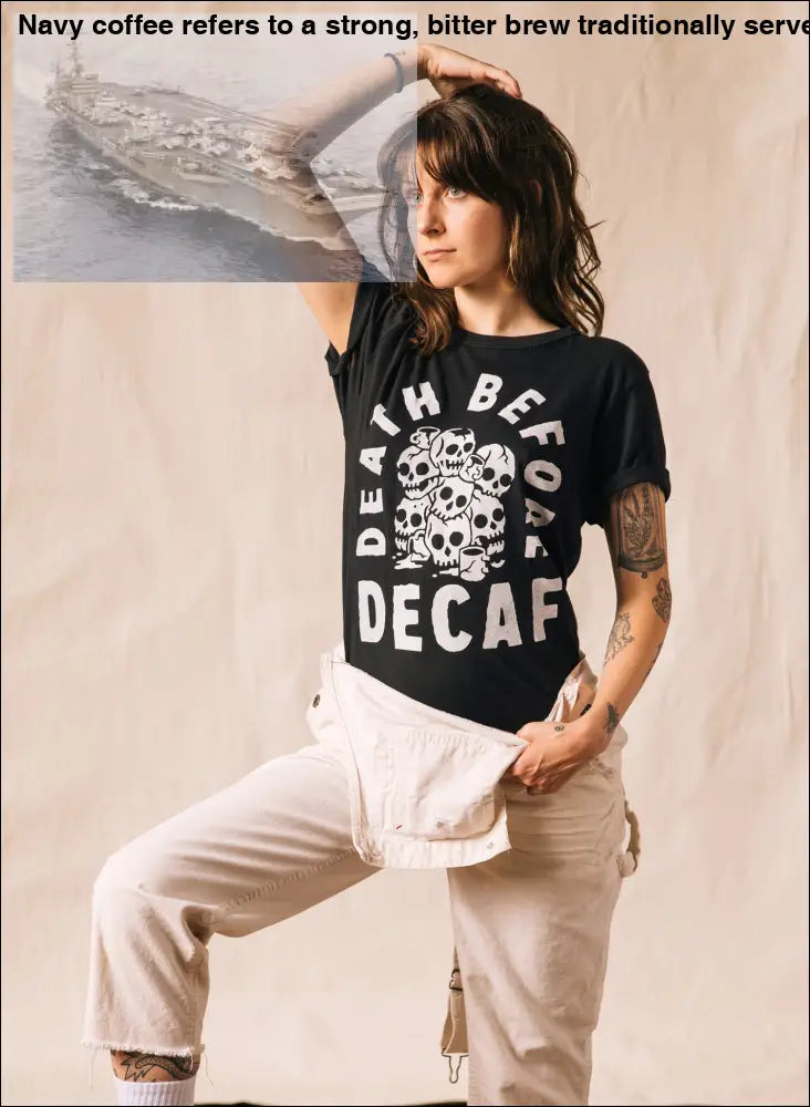 Woman wearing Death Before Decaf cotton blend coffee skull graphic tee showing coffee beans