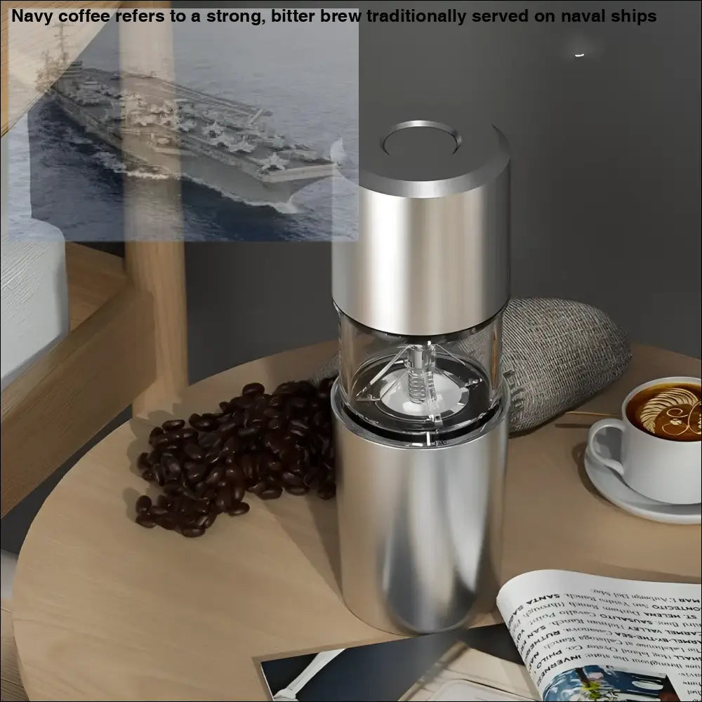 Electric Coffee Bean Grinder with Salt Pepper Mill and Toothbrush Cleaner featuring a sleek bean grinder design