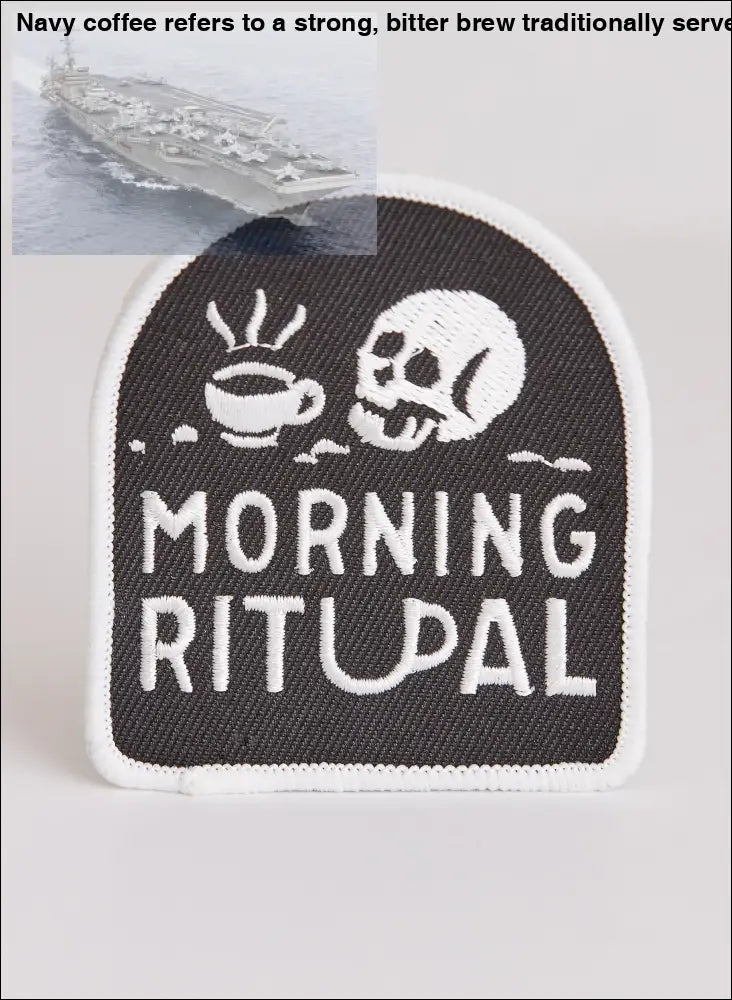 Black and white Morning Ritual Coffee patch for your favorite denim jacket