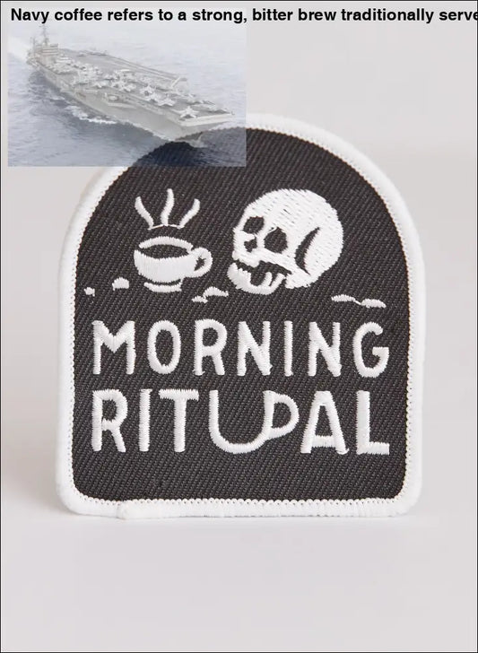 Black and white Morning Ritual Coffee patch for your favorite denim jacket