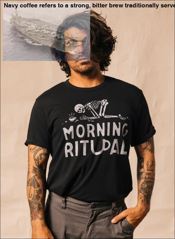 Black T-Shirt with Skeleton and Morning Ritual Coffee Graphic for a morning ritual vibe