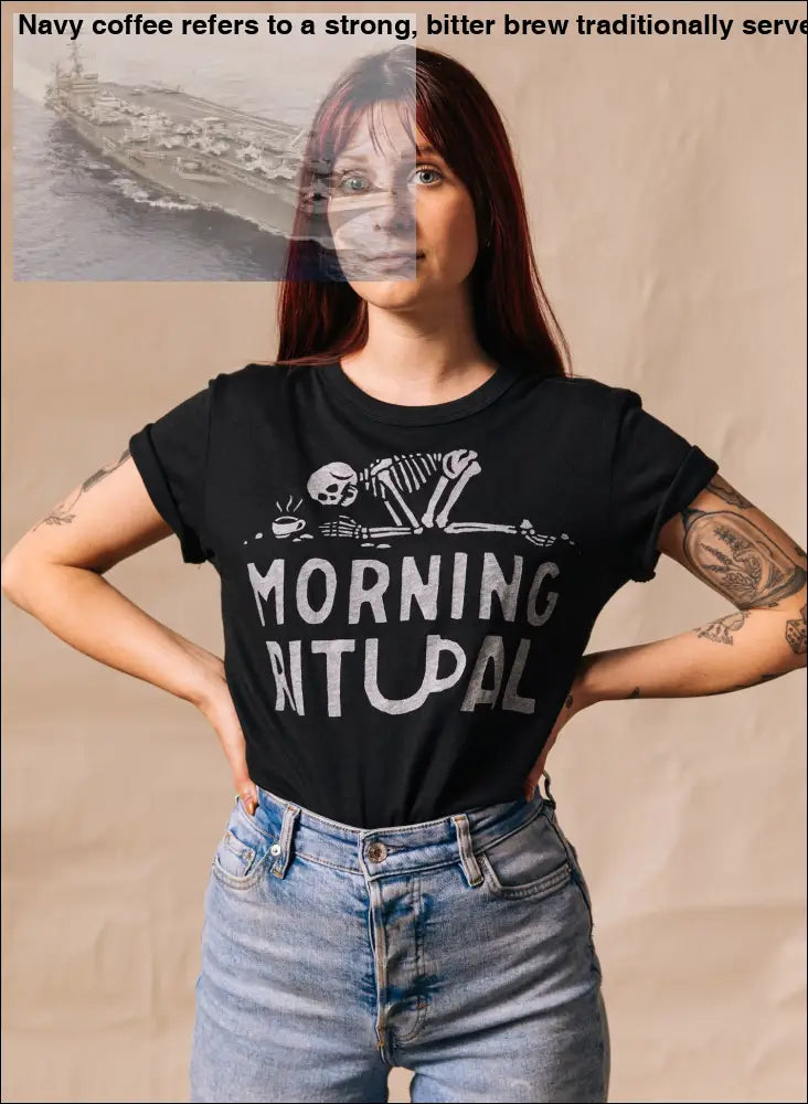 Black T-Shirt with Skeleton Graphic Featuring Morning Ritual Coffee Design