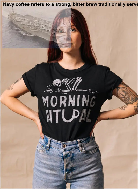 Black T-Shirt with Skeleton Graphic Featuring Morning Ritual Coffee Design