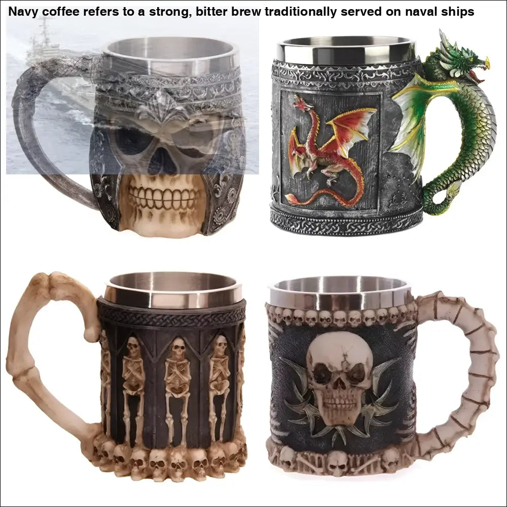 Four decorative skull and dragon sipper coffee mugs 400ml set for unique drinking experience