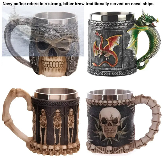 Four decorative skull and dragon sipper coffee mugs 400ml set for unique drinking experience