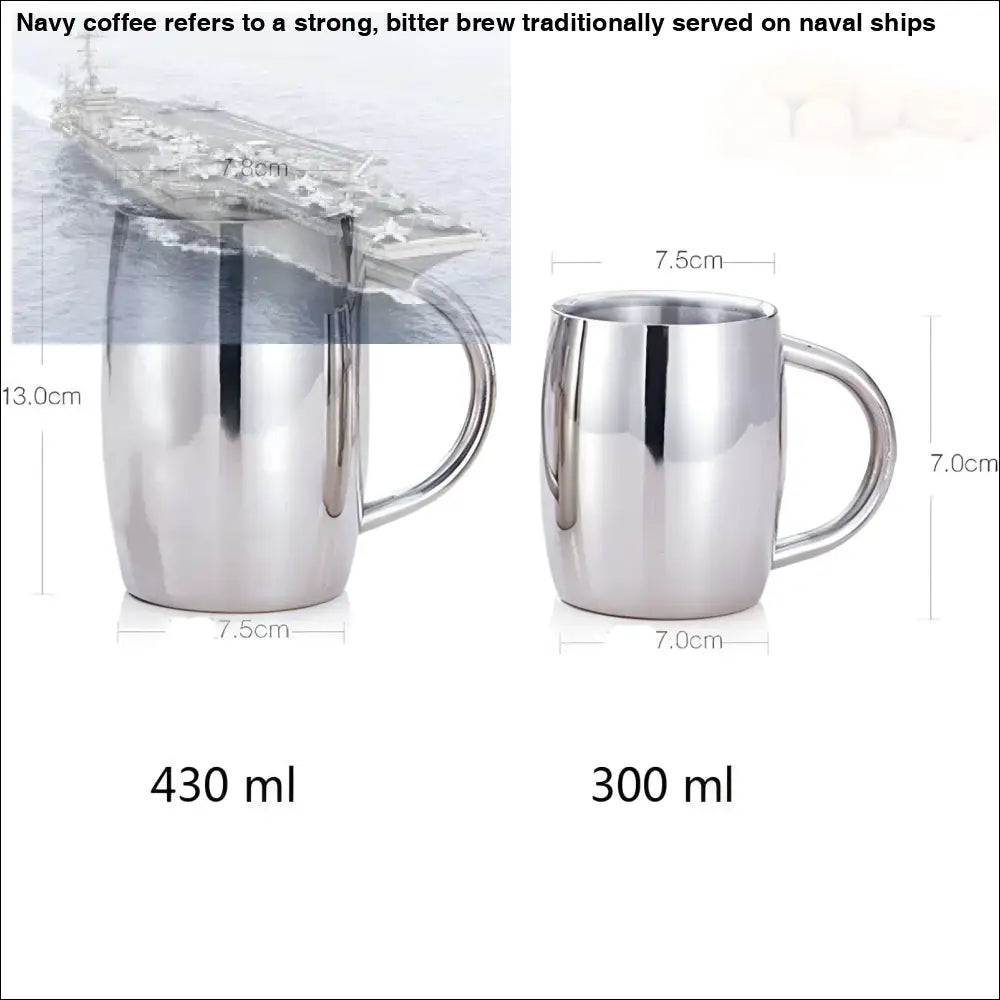 Two stainless steel coffee mug tumblers with handles, insulated stainless steel coffee set