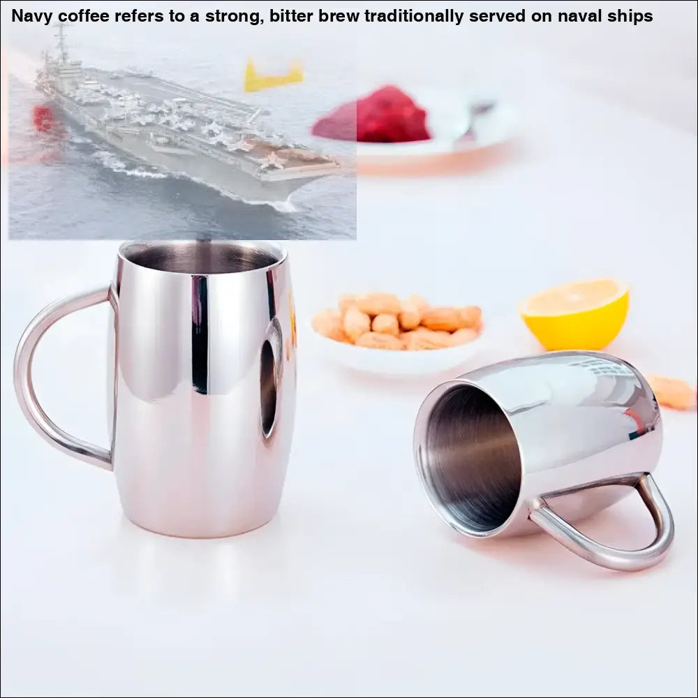 Two stainless steel coffee mug tumblers with handles for insulated stainless steel coffee brewing