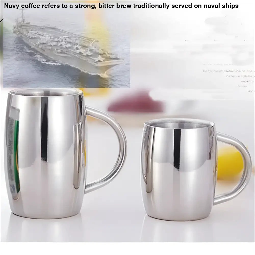 Two stainless steel coffee mug tumblers with handles in a set, insulated stainless steel design