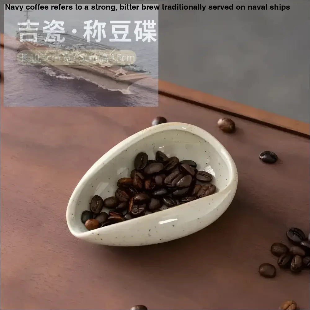 Ceramic coffee beans dosing in a speckled ceramic scoop from dosing cup trays